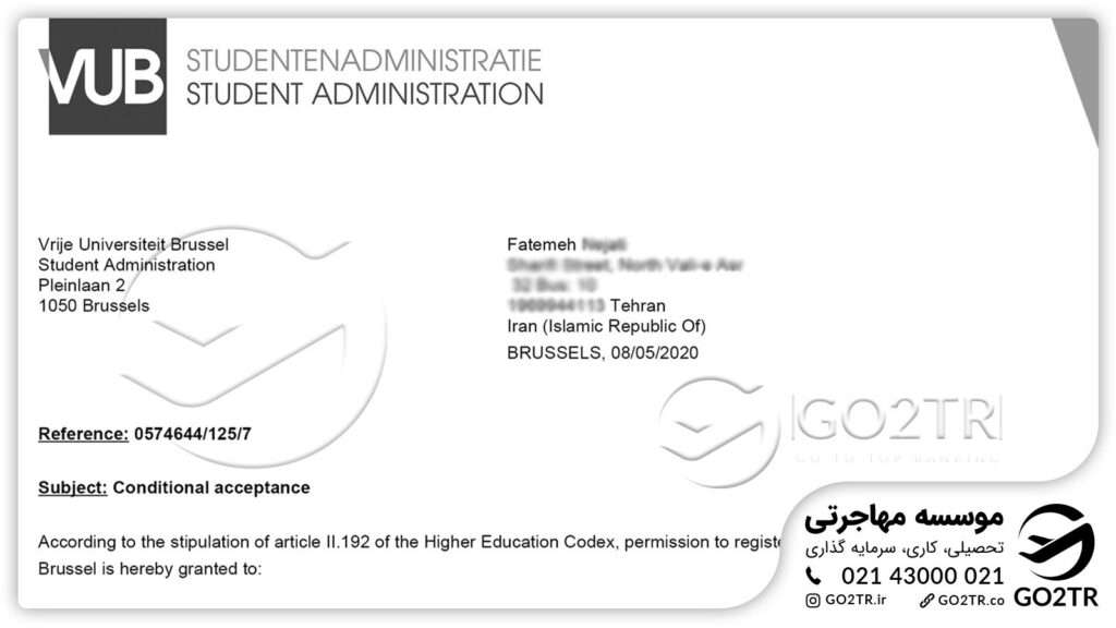 اخذ نامه پذیرش از دانشگاه  وریج بروکسل  توسط کارشناسان GO2TR