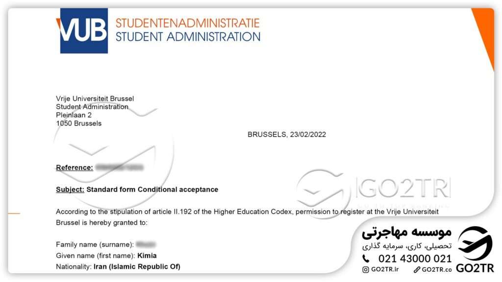 اخذ نامه پذیرش از دانشگاه  وریج بروکسل  توسط کارشناسان GO2TR