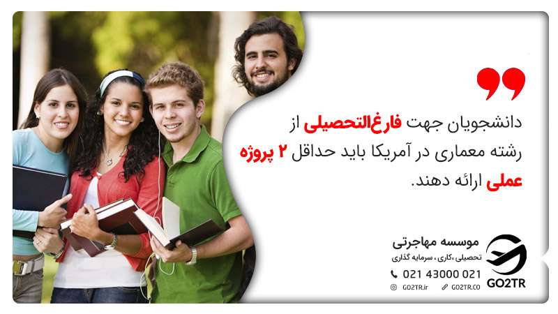 دانشجویان جهت فارغ‌التحصیلی از رشته معماری در آمریکا باید حداقل 2 پروژه عملی ارائه دهند. 