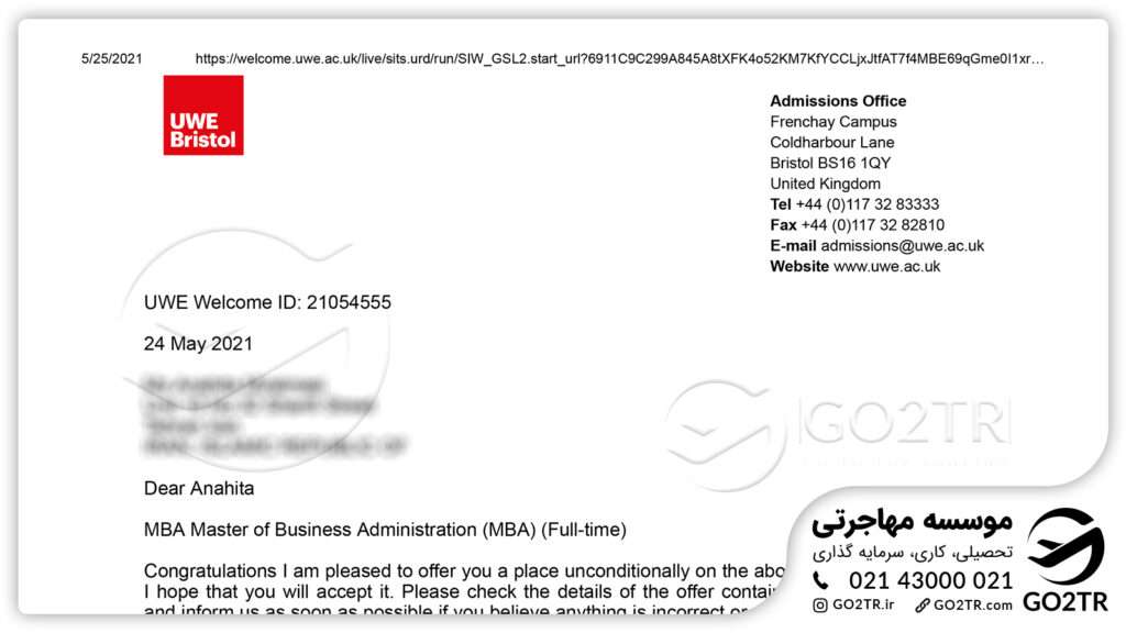 نامه اخذ پذیرش تحصیل در انگلیس از دانشگاه غرب انگلستان توسط کارشناسان GO2TR