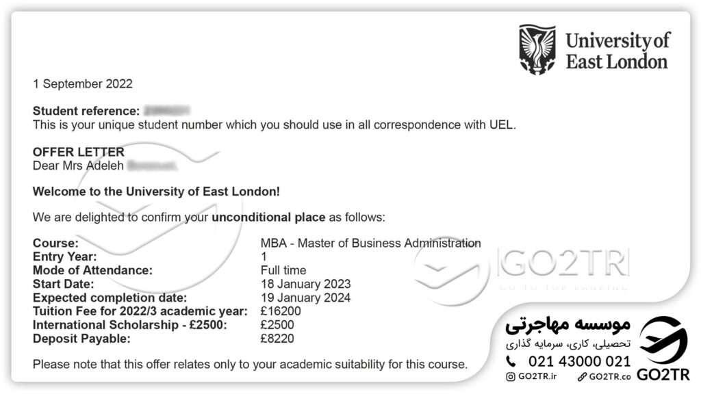 نامه اخذ پذیرش از دانشگاه شرق لندن توسط کارشناسان GO2TR