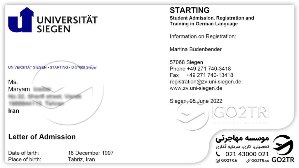 اخذ نامه پذیرش از دانشگاه زیگن آلمان توسط کارشناسان GO2TR