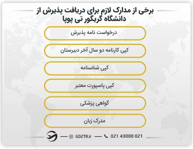 برخی از مدارک لازم برای دریافت پذیرش از دانشگاه گریگور تی پوپا رومانی